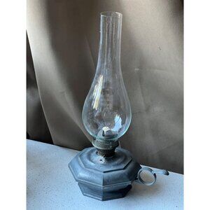 Italian Oil Lamp With Glass Chimney & Metal Base VTG Pewter 11” T Marked